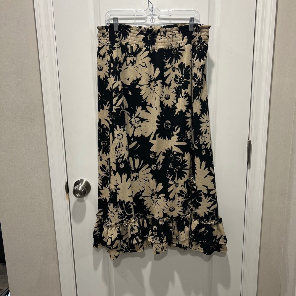 Cato Womens Midi Skirt Smocked Floral Black Tan Size L
